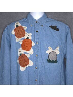 Vintage Halloween Denim Shirt L Ghost Pumpkin Graveyard Appliques Long Sleeve